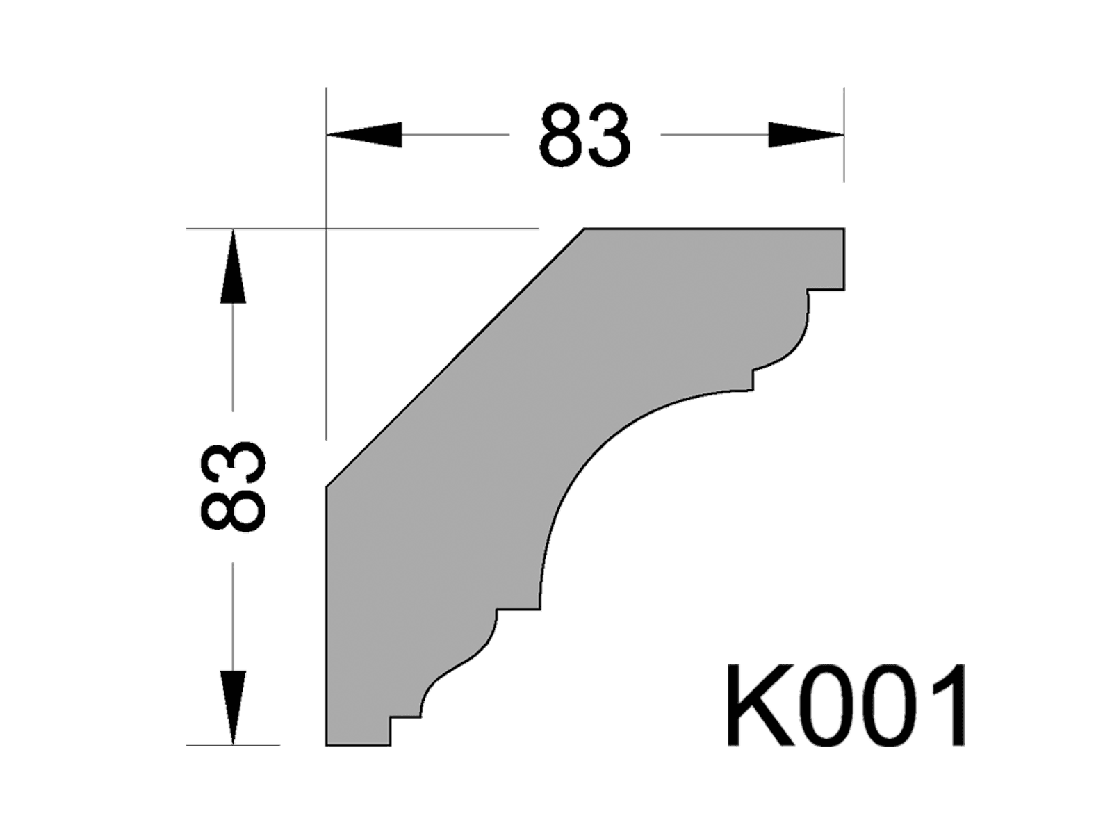 Чертёж профиля K001. Карниз из гипса (потолочный плинтус) (h83x83мм) K001 с размерами