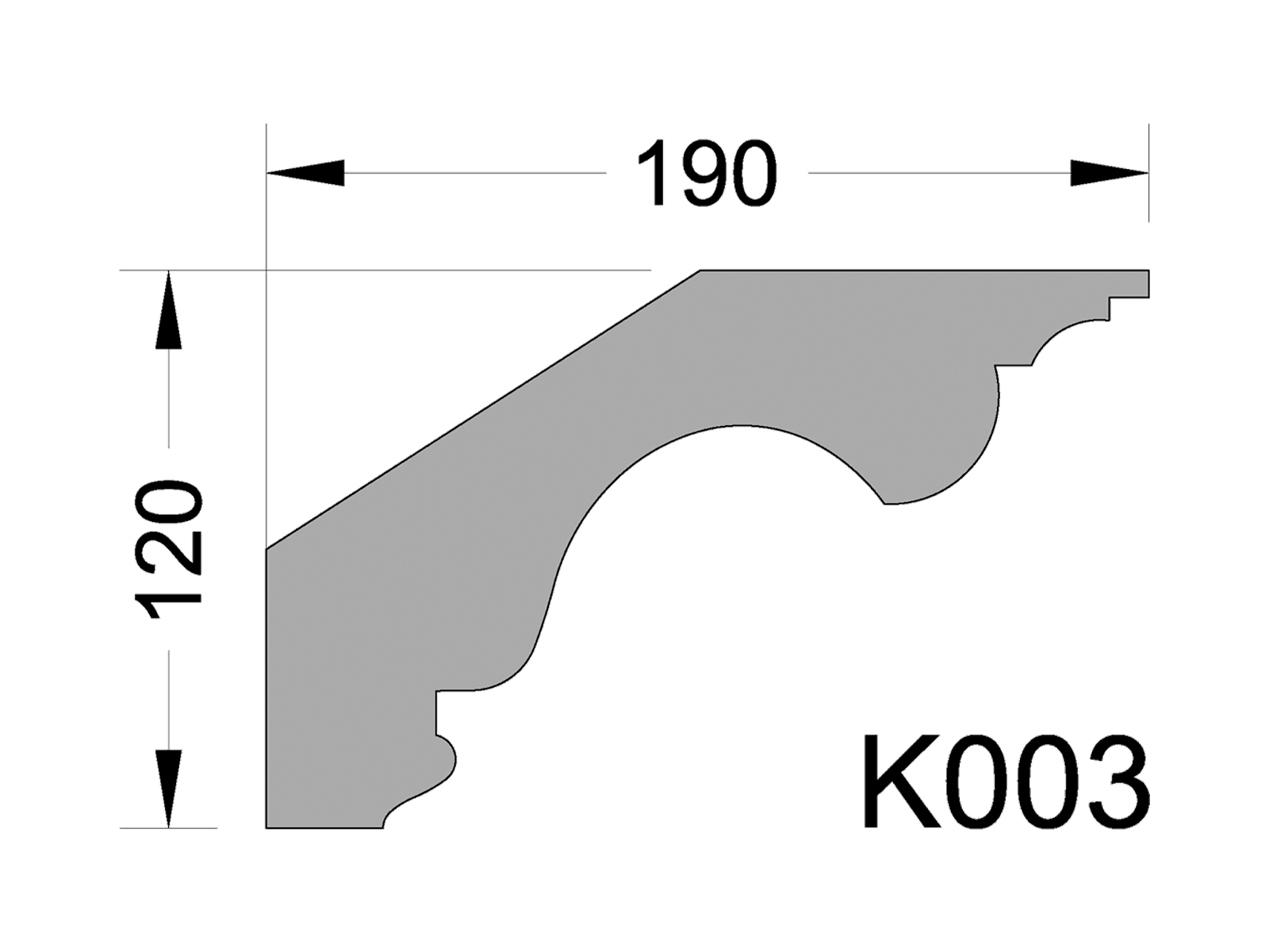 Чертёж профиля K003. Карниз. Лепнина из гипса (h120x190мм) K003 с размерами