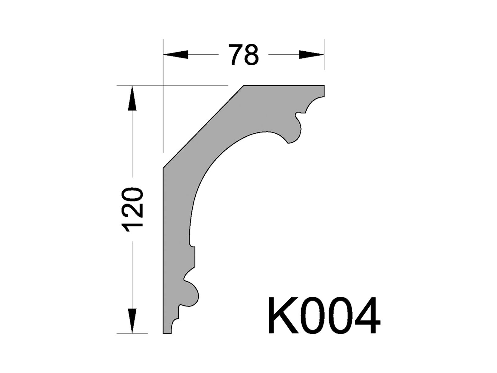 Чертёж профиля K004. Карниз гипсовый (потолочный плинтус) (h120x78мм) K004 с размерами