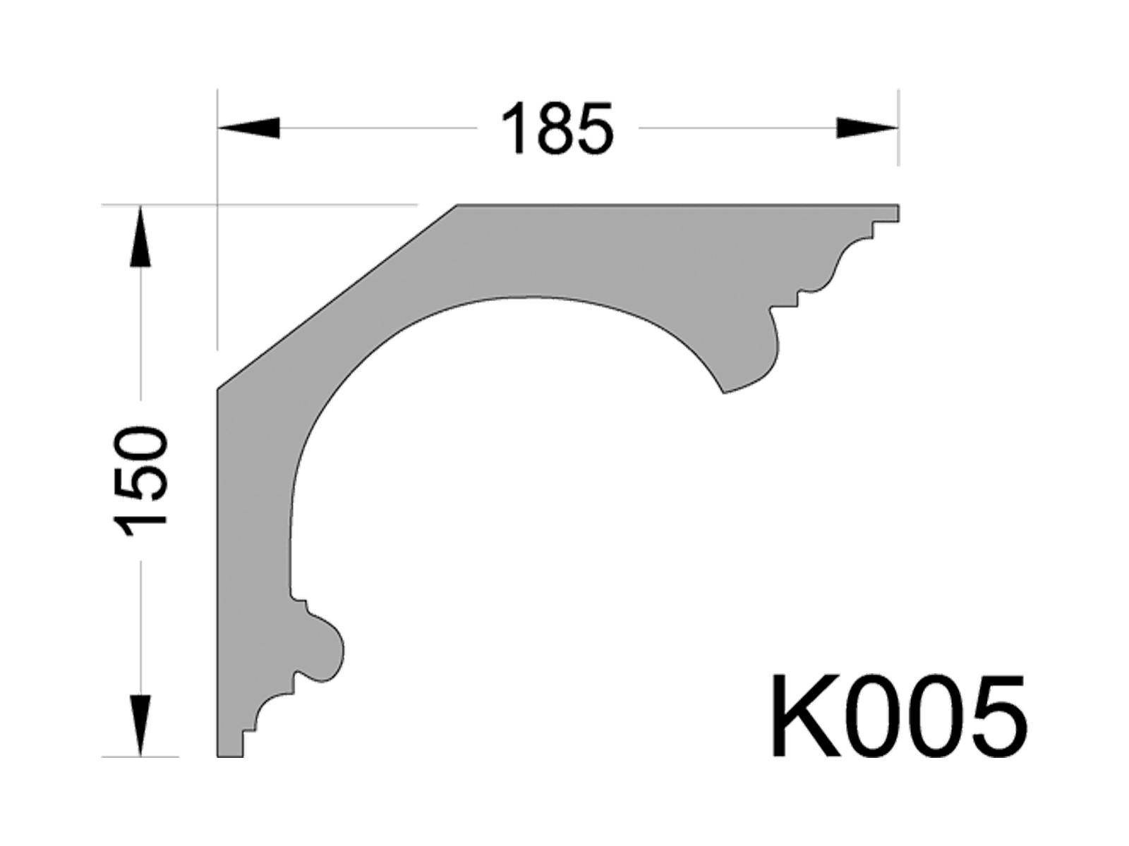 Чертёж профиля K005. Карниз. Лепнина из гипса (h150x185мм) K005 с размерами