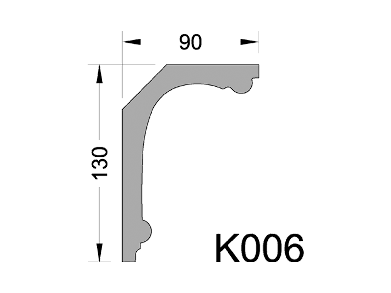 Чертёж профиля K006. Карниз гипсовый (потолочный плинтус) (h130x90мм) K006 с размерами