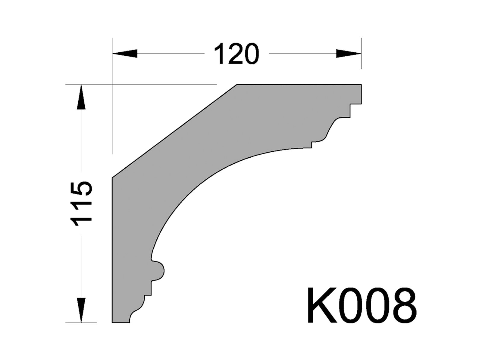 Чертёж профиля K008. Карниз гипсовый (потолочный плинтус) (h115x120мм) K008 с размерами