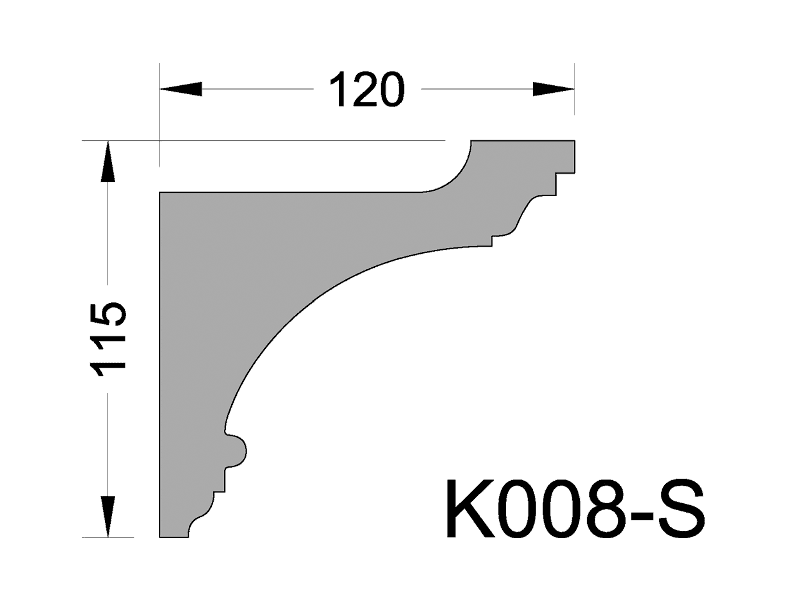 Чертёж профиля K008-S Карниз из гипса для скрытого освещения (h115x120мм) K008-S с размерами