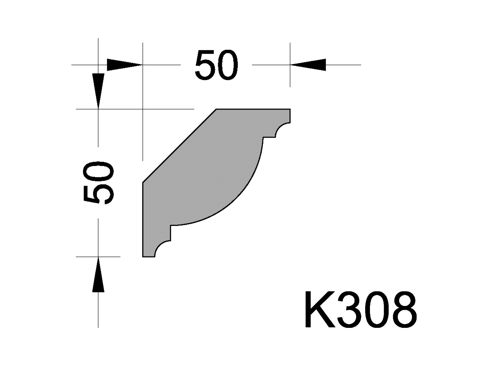 Чертёж профиля К308. Карниз из гипса (потолочный плинтус) K308 с размерами